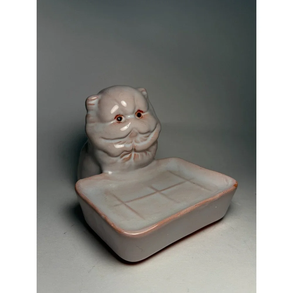 Vintage Persian Cat Soap Dish‎ White Glazed Redware Pottery Mid Century 5.5